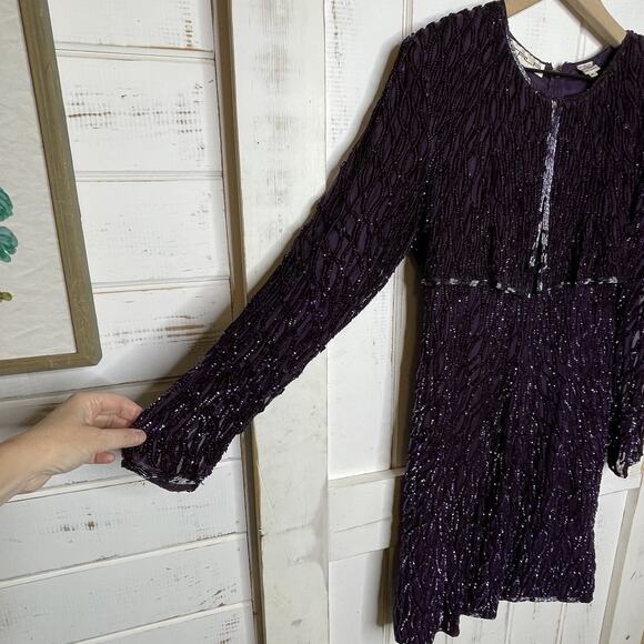 VTG Scala 80-90’s Purple Hand Beaded Sequin Long Sleeve Cocktail Formal Dress PL - Picture 3 of 11